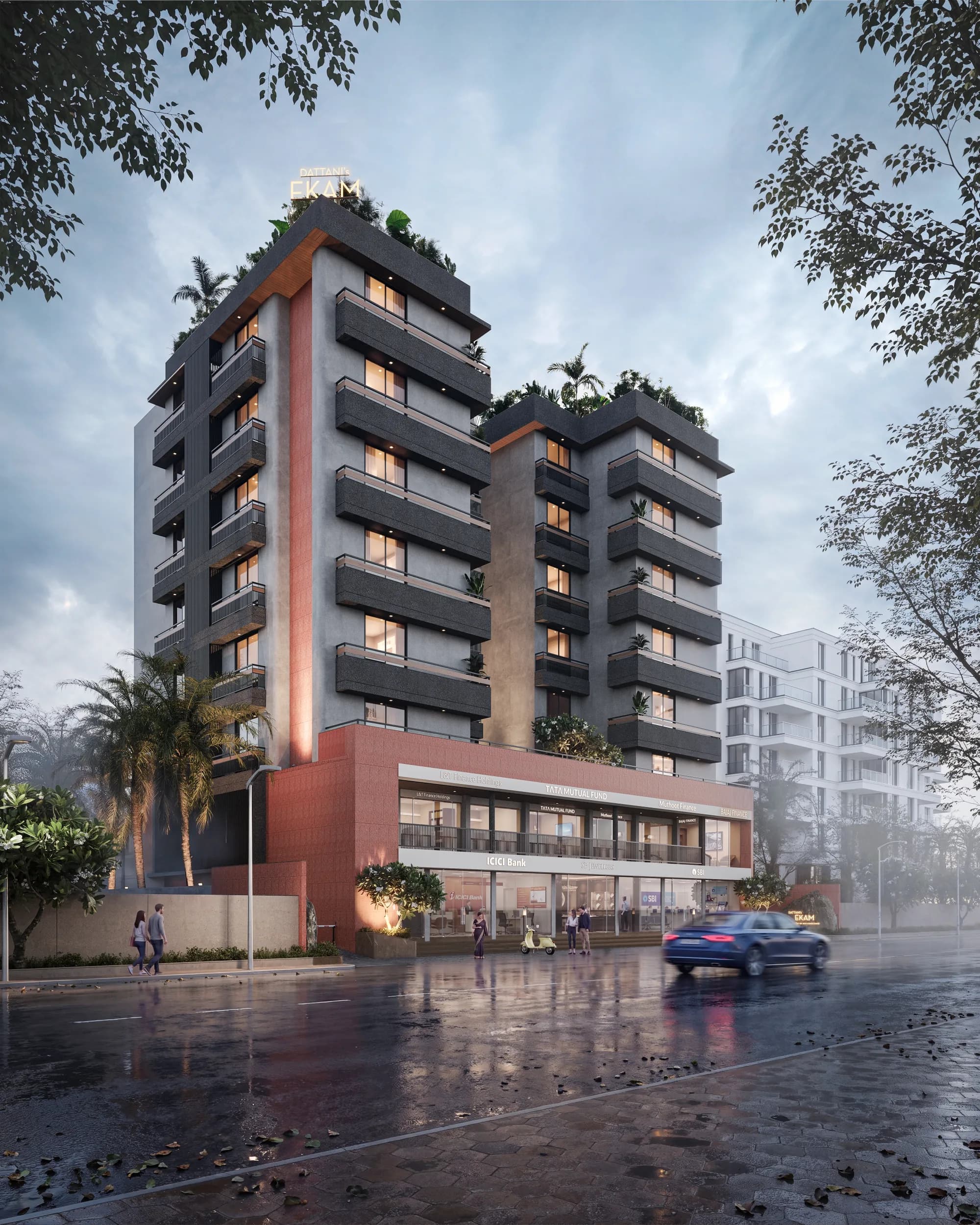 Dattani's Ekam — Twin residential towers above an active street podium, joined by shared gardens and rooftop amenities.